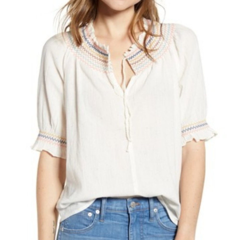 Madewell White Rainbow Smocked Peasant Top Sz Sm